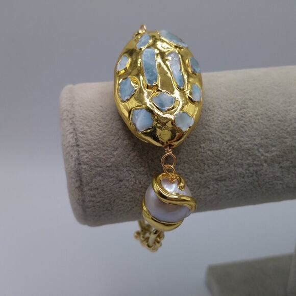 Gold Plated Larimar Gemstone Pearl Bracelet, 8 1/2 Inches, Rhinestone Clasp - Picture 6 of 10